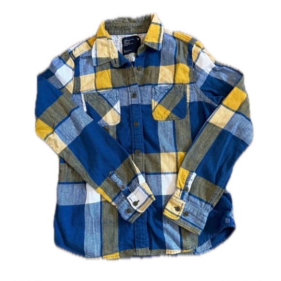 AMERICAN EAGLE vintage blue and gold/yellow/white plaid button down, size 2 - Picture 13 of 15